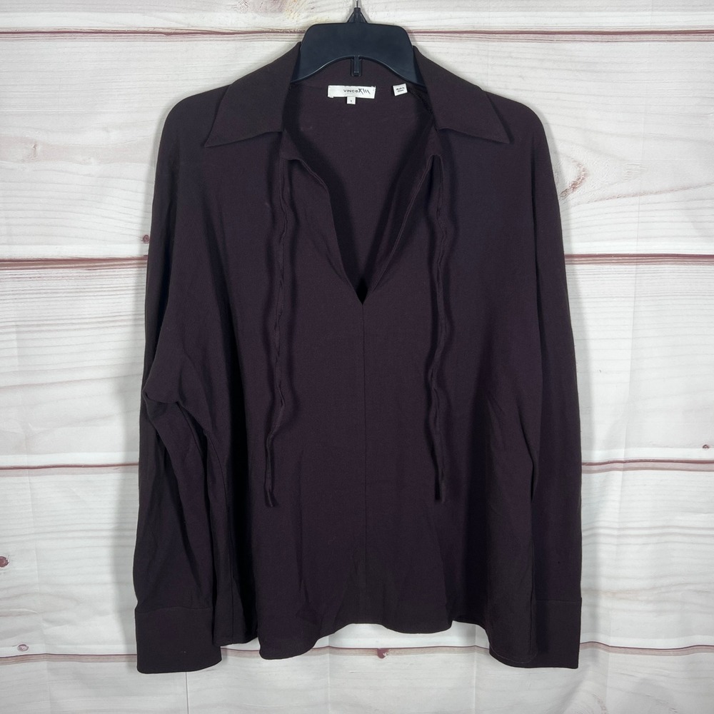 Vince Top Women Small Brown Pullover V-Neck Long Sleeve Wool Blend Blouse Collar
